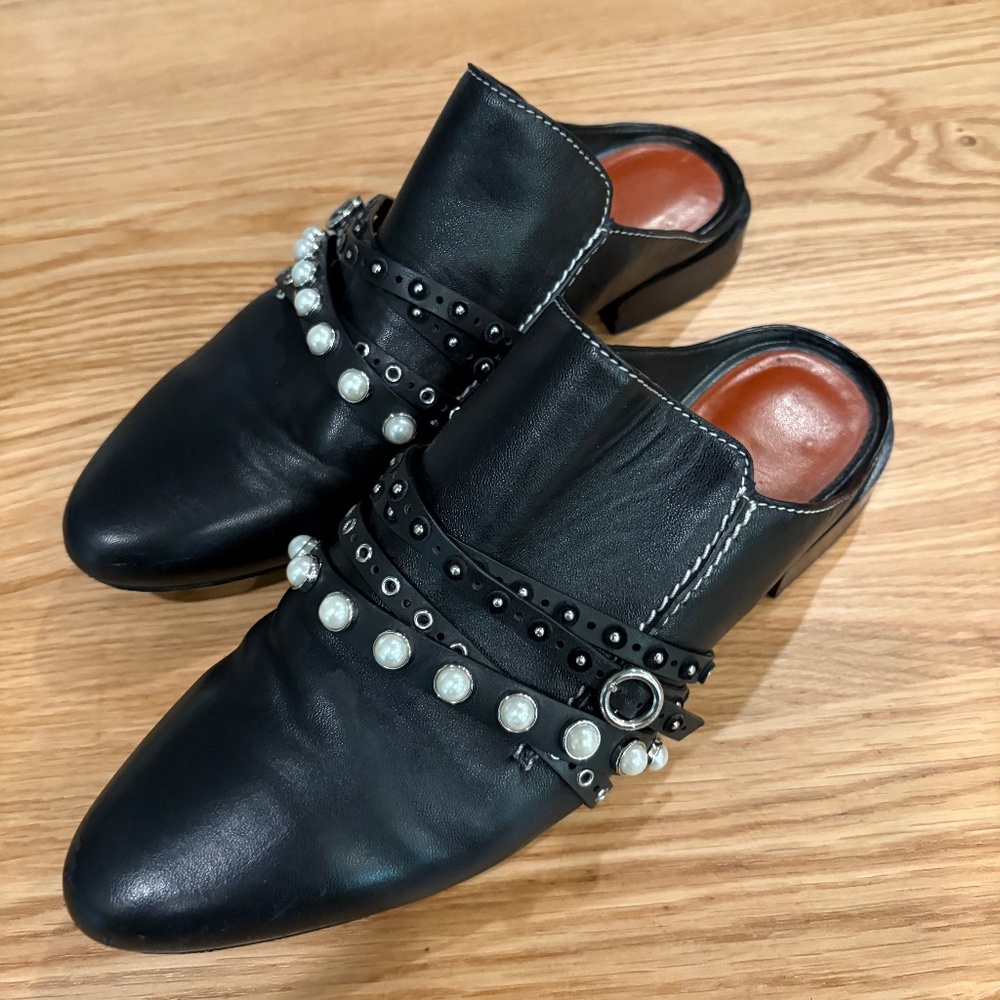 3.1 Philip Lim Pearl Embellished Black Lambskin  Leather Mules Size 39 8.5 EUC